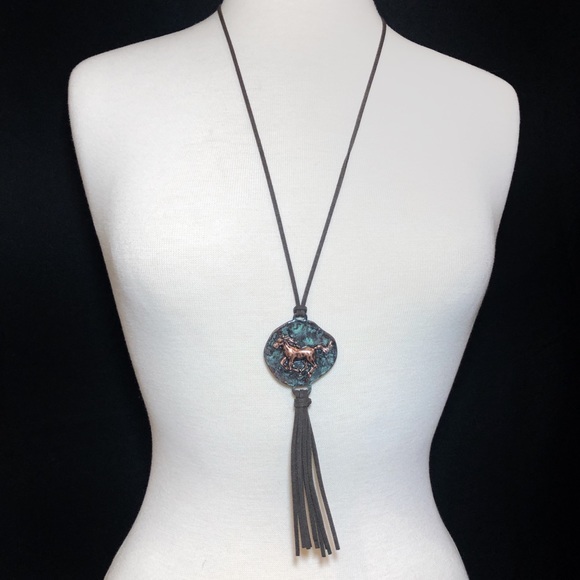 Patina Copper Horse Brown Suede Tassel Necklace - Picture 3 of 3